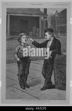 Apri la tua bocca e chiudere gli occhi (Harper's settimanale). Artista: Dopo John George Brown (American (nato in Inghilterra), Durham 1831-1913 New York). Dimensioni: Immagine: 13 1/2 × 9 1/16 in. (34,3 × 23 cm) foglio: 14 15/16 × 10 3/16 in. (38 × 25,8 cm). Editore: Harper's settimanale (American, 1857-1916). Data: 16 maggio 1874. Museo: Metropolitan Museum of Art di New York, Stati Uniti d'America. Foto Stock
