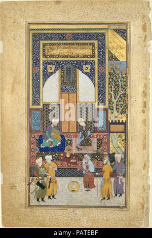 'Interno Reception', folio 36r da un Bustan di Sa'di. Artista: dipinta da Shaikh Zada. Autore: Sa'di (1213/19-92). Dimensioni: Pittura: H. 8 3/4 in. (22,3 cm) W. 4 15/16 in. (12,5 cm) Pagina: H. 11 a. (27,9 cm) W. 7 1/4 in. (18,4 cm) tappeto: H. 19 1/4 in. (48,9 cm) W. 14 1/4 in. (36,2 cm). Data: ca. 1525-35. Il Bustan di Sa'di, completato nel 1257, combina consulenza morale con aneddoti illustrativi. Il manoscritto a cui questo dipinto appartiene probabilmente è stata copiata in Herat, ma è stato illustrato per un patrono uzbeko parecchi anni più tardi, probabilmente a Bukhara nel 1530s. Il Bukharan schoo Foto Stock