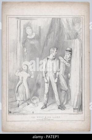 Il lupo e l'Agnello - una parodia sulla Sig. Mulready altamente popolare foto. Artista: John Doyle (l'irlandese di Dublino, Londra 1797-1868); associata con William Mulready (Irlandese, Ennis 1786-1863 Londra). Dimensioni: foglio: 17 5/16 × 11 13/16 in. (44 × 30 cm). Litografo: Alfred Ducôte (British, attivo 1830-40). Editore: Thomas McLean (British, attivo Londra 1788-1885). Serie/Portfolio: HB Bozzetti, No. 525. Oggetto: William agnello, secondo il visconte Melbourne (British, Londra 1779-1848 Hertfordshire); Henry Peter, primo Baron Brougham e Vaux (British, 1778-1868); Arthur Wellesley, primo duca di Wellington (Br Foto Stock