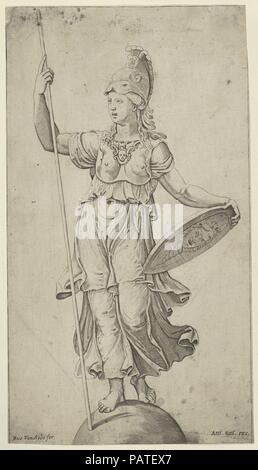 Pallas Athena in piedi su un globo, tenendo in mano una lancia nella mano sinistra e il suo scudo nella sua destra. Artista: Dopo Raphael (Raffaello Sanzio o Santi) (italiano, Urbino Roma 1483-1520); o dopo Giulio Romano (Italiano, Roma 1499?-1546 Mantova); anonimo, italiano del XVI inizio XVII secolo; dopo Marcantonio Raimondi (italiano, argini (?) ca. 1480-prima 1534 Bologna (?). Dimensioni: 10 9/16 x 5 7/8 in. (26,8 x 15,0 cm). Editore: Antonio Salamanca (Salamanca Roma 1478-1562); Nicolaus Van Aelst (fiammingo, Bruxelles Roma 1526-1613). Data: ca. 1520-40. Museo: Metropolitan Museum of Art di New York, US Foto Stock