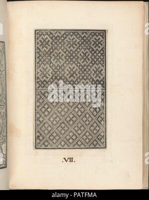 Esemplario di lavori, pagina 7 (recto). Dimensioni: 9 5/16 x 7 1/4 x 15/16 in. (23,7 x 18,4 x 2,4 cm). Pubblicato in: Venezia. Editore: Nicolò Zoppino (italiano, Ferrara 1478/80-1544 Venezia) , Venezia. Data: Agosto 1529. Pubblicato da Nicolo Zoppino, italiano, attivo del XVI secolo, Venezia. Dall'alto al basso e da sinistra a destra: Design composto da 2 registri orizzontali: top con '#' pattern in nero, e il fondo con diamante nero pattern con 4 piccoli diamanti bianchi contenuta all'interno. Museo: Metropolitan Museum of Art di New York, Stati Uniti d'America. Foto Stock