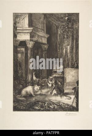 Le Lo Strinare et le chat. Artista: Gustave Moreau (francese, Parigi Parigi 1826-1898). Autore: Jean de La Fontaine (francese, Château-Thierry 1621-1695 Paris). Dimensioni: foglio: 16 7/8 × 11 3/8 in. (42,9 × 28,9 cm) Piastra: 15 1/4 × 10 9/16 in. (38,7 × 26,9 cm). Incisore: Félix Bracquemond (francese, Parigi 1833-1914 Sèvres). Pubblicato in: Parigi, Londra. Editore: Boussod Valadon, e Co. (Parigi); Boussod e Valadon & Co. (Londra). Data: 1886. Museo: Metropolitan Museum of Art di New York, Stati Uniti d'America. Foto Stock