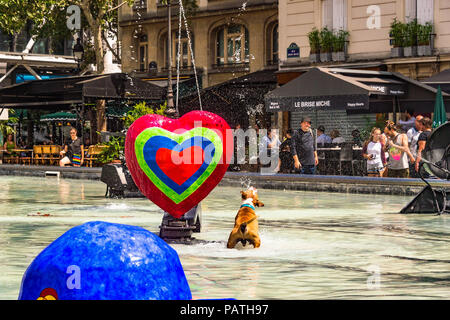 Un cane gioca nella Fontana Stravinsky, accanto al Centre Pompidou di Parigi, Francia Foto Stock