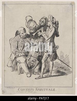 Concerto Spirituale. Artista: Dopo Henry William Bunbury (British, Mildenhall Suffolk, 1750-1811 Keswick, Cumberland); James Bretherton (British, attivo 1750-99). Dimensioni: foglio: 9 15/16 x 7 7/8 in. (25,3 x 20 cm). Sitter: rappresenta probabilmente Carl Friedrich Abel (tedesco, Cöthen 1723-1787 Londra); eventualmente rappresenta Johann Christian Bach (Tedesco, 1735-1782); Johann Christian Fisher (tedesco, ca. 1733-1800); rappresenta probabilmente Giovanni Punto (boemo, 1746-1803). Data: Marzo 23, 1773. Concerti di musica religiosa sono state eseguite regolarmente presso il Theatre Royal di Covent Garden, nel 1770s. Bun Foto Stock