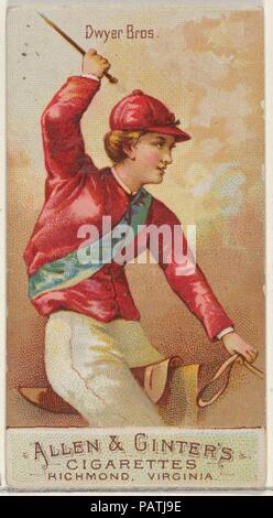 Dwyer fratelli, dai colori Racing della serie mondiale (N22b) per Allen & Ginter sigarette. Dimensioni: foglio: 2 3/4 x 1 1/2 in. (7 x 3,8 cm). Editore: Allen & Ginter (American, Richmond, Virginia). Data: 1888. Scambio di carte dal 'Racing i colori del mondo' serie (N22b), rilasciata in 1888 in un set di 50 schede per promuovere Allen & Ginter marca di sigarette. La serie è stata pubblicata in due varianti. N22a include un bordo bianco attorno al perimetro di ciascuna scheda e N22b non. Museo: Metropolitan Museum of Art di New York, Stati Uniti d'America. Foto Stock