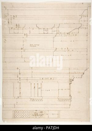 Unidentified, cornicione dorico, elevazione; teatro di Marcello, cornicione dorico, elevazione (recto) Unidentified, cornicione elevazione (verso). Dimensioni: foglio: 14 5/8 x 10 15/16 in. (37,2 x 27,8 cm). Relatore per parere: disegnato da anonimo, francese, del XVI secolo. Serie/Portfolio: Goldschmidt Scrapbook. Data: inizio alla metà del XVI secolo. Museo: Metropolitan Museum of Art di New York, Stati Uniti d'America. Foto Stock