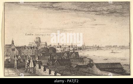 Londra da Arundel House. Artista: Wenceslaus Hollar (boemo, Praga 1607-1677 Londra). Dimensioni: Foglio (rifilati a picture line): 3 1/16 x 5 1/4 in. (7,8 × 13,3 cm) tagliato alla linea di confine. Serie/Portfolio: Prospetto locorum aliquota in diversis Provincis.... Data: 1643. Tre uomini che indossano tesa larga cappelli, indossa un mantello permanente sulla sommità del tetto merlata di Arundel House, vedere da dietro; San Paolo e gli edifici del tempio si vede nella distanza tra i tetti, con barche nel Tamigi sulla destra. Museo: Metropolitan Museum of Art di New York, Stati Uniti d'America. Foto Stock