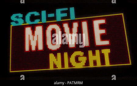 Sci-fi movie notte retrò intro lettere luminose sul grande display al neon con pixel di grandi dimensioni. Luce brillante testo sul display delle lampadine. Evento di intrattenimento adve Foto Stock
