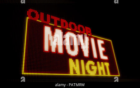 Filmato esterno notte retrò intro lettere luminose sul grande display al neon con pixel di grandi dimensioni. Luce brillante testo sul display delle lampadine. Evento di intrattenimento adv Foto Stock