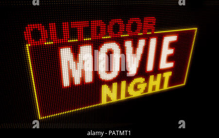 Filmato esterno notte retrò intro lettere luminose sul grande display al neon con pixel di grandi dimensioni. Luce brillante testo sul display delle lampadine. Evento di intrattenimento adv Foto Stock
