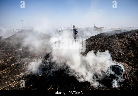 Il fumo è visto uscire fuori da un mucchio di carbone ardente durante la produzione. Estrazione di carbone dalla sabbia al Habbash stabilimento di produzione, il più grande produttore di carbone nella Striscia di Gaza. Di solito è utilizzato dai palestinesi per scopi pratici, come ad esempio per la cottura ed il riscaldamento. Un chilo è venduto per $ 1,50 sul sito e $ 2.00 sul mercato. Foto Stock