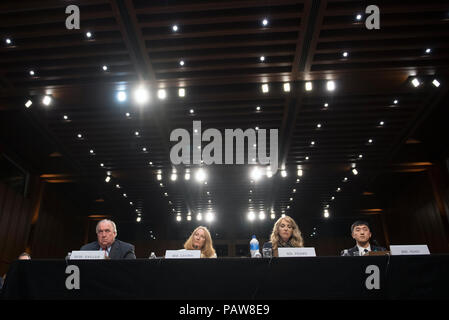 Washington, DC martedì 24 luglio, 2018. Da sinistra a destra: ex governatore John Engler (Repubblicano del Michigan), Presidente ad interim, Università di Stato del Michigan (MSU); Susanne Lyons, deliberando Chief Executive Officer, Comitato Olimpico degli Stati Uniti USOC); Kerry Perry, Presidente e Chief Executive Officer di ginnastica USA; e Han Xiao, Presidente degli atleti consiglio consultivo di testimoniare davanti al Senato degli Stati Uniti di comitato per il commercio, la scienza e il trasporto sottocommissione per la tutela dei consumatori e la sicurezza dei prodotti, assicurazione e sicurezza dei dati " Per quanto riguarda il futuro di atleta dilettante sicurezza" su Ca Foto Stock