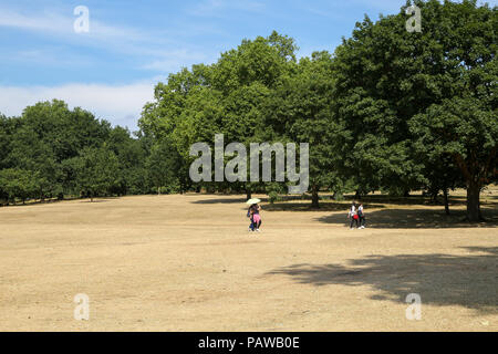 Hyde Park. Londra. Regno Unito 25 luglio 2018 - i turisti a piedi su bruciò riarsa erba in Hyde Park su un molto caldi e umidi giorni nella capitale. Secondo il Met Office la temperatura a Londra e il Sud Est rischia di raggiungere 35 gradi celsius giovedì. Credito: Dinendra Haria/Alamy Live News Foto Stock