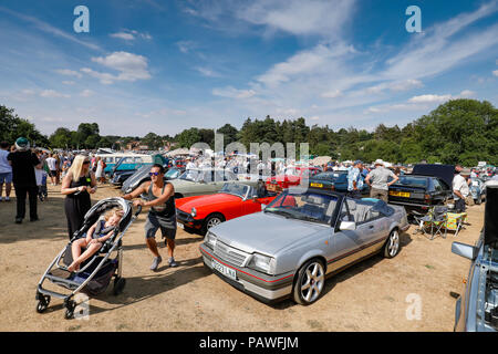 I classici sulla comune car show, organizzato dal villaggio di Harpenden Rotary Club, è uno dei più grandi a metà settimana mostra auto in Gran Bretagna, si tiene ogni anno a Harpenden comune. I visitatori sono state godendo il tempo in estate e circa 1000 classic cars, esotici auto, moto e scooter. Foto Stock