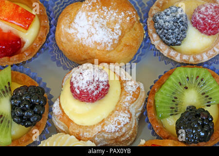 Sfondo di pasticceria mignon farcite con creme e frutta sul vassoio di una rinomata pasticceria Foto Stock