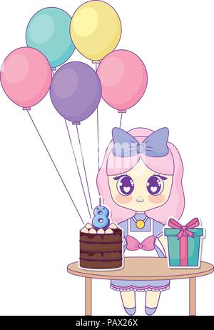 Buon compleanno design con ragazza asiatica con tavolo con palloncini e torta di compleanno su sfondo bianco, illustrazione vettoriale Illustrazione Vettoriale