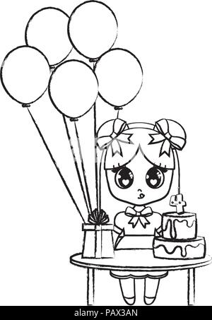 Buon compleanno design con ragazza asiatica con tavolo con palloncini e torta di compleanno su sfondo bianco, illustrazione vettoriale Illustrazione Vettoriale