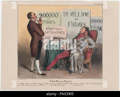 La piastra 5: Robert Macaire come notaio, da 'Caricaturana", pubblicato in Les Robert Macaires. Artista: Honoré Daumier (francese, Marsiglia 1808-1879 Valmondois). Autore: Charles Philipon (francese, Lione 1800-1862 Paris). Dimensioni: Immagine: 8 5/16 × 9 13/16 in. (21,1 × 24,9 cm) foglio: 10 3/16 × 13 3/8 in. (25,8 × 34 cm). Stampante: Aubert et Cie; Junca. Serie/Portfolio: 'Caricaturana'. Data: 1838. O sublime Macaire! Si, un notaio per tutta la banca per i banchieri, inventore del pizzicato profitto, delle tangenti di tutte le sfumature e dimensioni, sei calunniato, sei preso per una canaglia!... Ingratitudine o Foto Stock