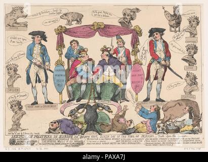 Schizzo di Politiks in Europa, il Compleanno del Re di Prussia. Artista: Thomas Rowlandson (British, Londra Londra 1757-1827). Dimensioni: foglio: 10 1/2 × 14 3/4 in. (26,7 × 37,5 cm). Editore: S. siepi, Londra. Oggetto: George III, re di Gran Bretagna e Irlanda (British, Londra 1738-1820 Windsor); Carlo II, duca di Brunswick-Luneberg (tedesco, Brunswick 1735-1806 Amburgo); l'imperatore Giuseppe II (Austriaco, 1741-1790); Stanislao Augusto Poniatowski re di Polonia; il re Carlo III; Gustav III, Re di Svezia (Svedese, 1746-1792); Louis XVI, re di Francia (francese, Versailles 1754 - 1793 Parigi Foto Stock