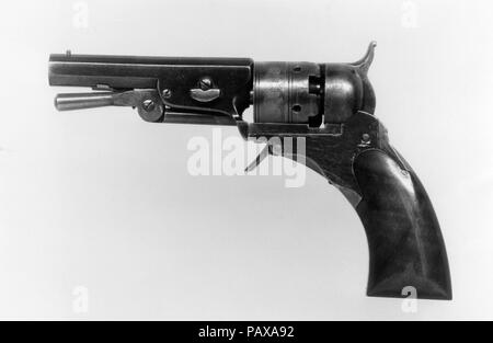 Colt Paterson Pocket Revolver a percussione, Quarto Ehlers, modello n. di serie 152, con case e accessori. Cultura: American, Paterson, New Jersey. Dimensioni: Revolver (a); L. 6 1/2 in. (16,5 cm); L. della canna 3. (7,6 cm); Cal. .28 in. (7.1 mm); bullet stampo (b); L. 3 3/16 in. (8.1 cm); W. (quando è chiuso) 1 3/4 in. (4,5 cm); Wt. 2.2 oz. (62,4 g); la leva di adescamento (C); L. 3 11/16 in. (9,4 cm); Diam. 1 1/8 in. (2,8 cm); Wt. 3.3 oz. (93,6 g); asta di pulizia (d); L. 4 5/8 in. (11,7 cm); Wt. 1.2 oz. (34 g); la chiave-cacciavite (e); L. 2 5/8 in. (6.7 cm); W. 2. (5,1 cm); Wt. 0.9 oz. (25,5 g); caso (f); H. 2 Foto Stock