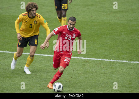 2018 Coppa del Mondo FIFA Gruppo G match tra il Belgio e la Tunisia a Otkritie Arena di Mosca, Russia. Dotato di: Marouane FELLAINI del Belgio, Naim SLITI della Tunisia dove: Mosca, Distretto federale centrale, Federazione Russa quando: 23 giu 2018 Credit: Anthony Stanley/WENN.com Foto Stock