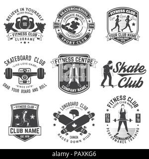 Set di fitness e skateboard club concetto con ragazze fare esercizio e il guidatore di skateboard silhouette. Vettore e fitness club per la corsa su skateboard badge retrò.Per la palestra di segni, emblemi e altre attività correlate Illustrazione Vettoriale