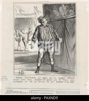 Madame Prudhomme, ho imparato che la lingua inglese sta per una sfida per noi in Paris Grand Prix. Il mio patriottismo rende il mio dovere preparare per questa lotta, da 'Notizie del giorno", pubblicato in Le Charivari, Giugno 1, 1870. Artista: Honoré Daumier (francese, Marsiglia 1808-1879 Valmondois). Dimensioni: Immagine: 9 9/16 x 8 1/4 in. (24,3 × 21 cm) foglio: 12 5/16 × 11 5/8 in. (31,3 × 29,6 cm). Stampante: Walter Frères. Editore: Arnaud de Vresse. Serie/Portfolio: 'Notizie del giorno" (Actualités). Data: 1 giugno 1870. Museo: Metropolitan Museum of Art di New York, Stati Uniti d'America. Foto Stock