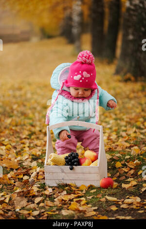 Bambina con Autumn harvest in posizione di parcheggio Foto Stock