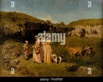 Giovani donne del villaggio. Artista: Gustave Courbet (francese, Ornans 1819-1877 La Tour-de-Peilz). Dimensioni: 76 x 3/4 102 3/4 in. (194.9 x 261 cm). Data: 1851-52. Questo dipinto, che ha avviato una serie di foto dedicata alla vita delle donne, mostra Courbet le tre sorelle--Zélie, Juliette, e Zoé--passeggiando nella comune, una piccola valle vicino al suo villaggio natale di Ornans. Una delle ragazze offre alms a un giovane bovaro. Courbet aveva grandi speranze per il lavoro, ma quando fu esposta al Salon del 1852, i critici hanno attaccato come insapore e goffo. Hanno insultato i modelli' caratteristica comune Foto Stock