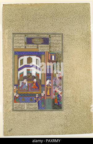 'Mihrab sfiati la sua ira Sindukht', folio 83v dal Shahnama (Libro dei Re) di Shah Tahmasp. Artista: dipinto attribuito a Qadimi (active ca. 1525-65); dipinto attribuito a 'Abd al-Vahhab. Autore: Abu'l Qasim Firdausi (935-1020). Dimensioni: Pittura: H. 10 15/16 in. (27,8 cm) W. 7 1/8 in. (18,1 cm) Pagina: H. 18 1/2 in. (47 cm) W. 12 7/16 in. (31,6 cm) tappeto: H. 22 a. (55,9 cm) W. 16 a. (40,6 cm). Data: ca. 1525-30. Quando il mihrab di Kabul prima sentito parlare di sua figlia Rudaba's secret love affair con Zal, voleva uccidere il suo, ma sua moglie Sindukht lo persuase che Sam, Zal's Foto Stock