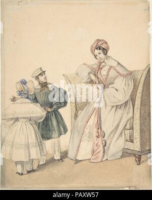 Disegno di moda con una donna seduta su una sedia con un ragazzo e una ragazza. Artista: Pierre-Numa Bassaget, chiamato Numa (francese, active 1830-54). Dimensioni: 6 5/8 x 5 1/4 in. (16,8 x 13,3 cm). Data: del XIX secolo. Museo: Metropolitan Museum of Art di New York, Stati Uniti d'America. Foto Stock