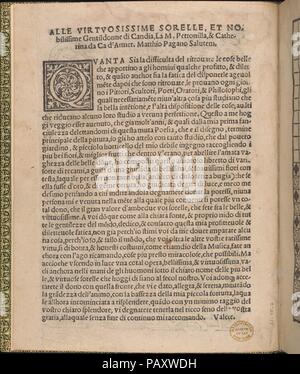 Ornamento delle belle & virtuose donne, titolo pagina (verso). Raccoglitore: Lloyd, Wallis & Lloyd (British, attivo a Londra dopo il 1821). Dimensioni: complessivo: 7 1/2 x 5 7/8 in. (19 x 15 cm). Editore: Matteo Pagano (Italiano, 1515-1588) , Venezia. Data: 1554. Pubblicato da Matteo Pagano, Italiano, 1515-1588, Venezia, vincolati da Lloyd, Wallis & Lloyd, British, attivo a Londra dopo il 1821. Dall'alto al basso e da sinistra a destra: dedizione pagina stampata in nero con iniziale xilografia lettera 'Q'. Museo: Metropolitan Museum of Art di New York, Stati Uniti d'America. Foto Stock