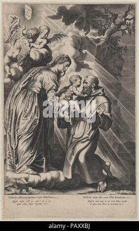 La visione di San Francesco, inginocchiata a destra, ricevendo il Cristo bambino dalla Vergine Maria. Artista: dopo Peter Paul Rubens (fiammingo, Siegen 1577-1640 Anversa); Michel Lasne (francese, Caen 1590-1667 Paris). Dimensioni: Piastra: 14 3/16 x 8 3/4 in. (36 × 22,3 cm) Foglio (trimmed): 14 3/8 in. × 9 a. (36,5 × 22,9 cm). Editore: Theodoor Galle (Netherlandish, Anversa 1571-1633 Anversa). Data: 1617-20. Museo: Metropolitan Museum of Art di New York, Stati Uniti d'America. Foto Stock