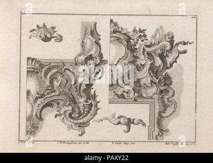 Suggerimento per la decorazione del basso a destra e in alto a destra di un Altare Frame, piastra 4 da un Untitled Serie con Rocailles ornamenti per altare e i telai delle porte. Artista: Dopo Johann Wolfgang Baumgartner (tedesco, Kufstein 1712-1761 Augusta). Dimensioni: complessivo: 8 7/16 × 13 3/4 in. (21,5 × 35 cm). Incisore: Wolffgang Christoph Mayr (tedesco, attivo Kassel e Augsburg (?), ca. 1740-1770). Editore: Martin Engelbrecht (tedesco, Augsburg 1684-1756 Augusta). Data: stampato ca. 1750-56. Pagina da un album contenente 27 serie con un totale di 122 stampe di ornamento dal fondo del prominente aug Foto Stock