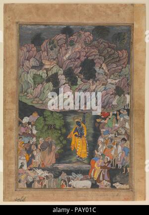 "Krishna detiene il Monte Govardhan al rifugio gli abitanti del villaggio di Braj', Folio da un Harivamsa (La leggenda di Hari (Krishna)). Dimensioni: H. 11 3/8 in. x W. 7 7/8 in. (28,9 x 20 cm). Data: ca. 1590-95. Il Hindu epics l'indiana Mahabharata e Ramayana, e altri testi come il Harivamsa, una genealogia di Hari (o Krishna), sono stati tradotti in Persiano e illustrato per la prima volta durante il reign del Akbar (1556-1605). A differenza di altri manoscritto dei progetti per i quali la Corte Mughal artisti ereditato una tradizione di iconografia e stile da precedenti manoscritti iraniano, hanno dovuto inventare nuovi campos Foto Stock