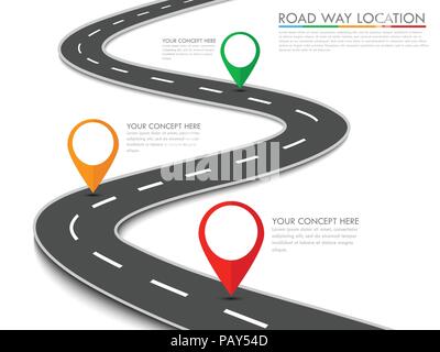 Tratto di strada info posizione-modello grafico con il pin del puntatore. EPS vettoriali 10 Illustrazione Vettoriale