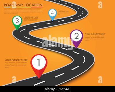 Tratto di strada percorso modello infografico con pin puntatore. EPS vettoriali 10 Illustrazione Vettoriale