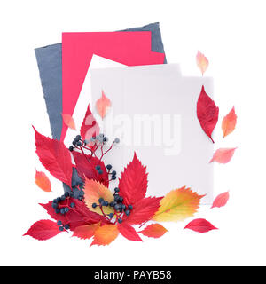 Autunno sfondo con fogli di carta e foglie di autunno. Vista dall'alto. Spazio per il testo. Foto Stock