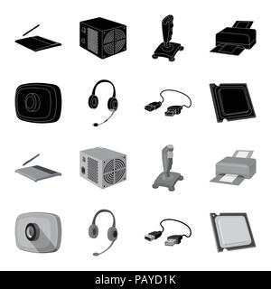 Webcam, cuffie, cavo USB, processore. Personal computer set di icone di raccolta in nero,monocromatico vettore stile simbolo illustrazione stock . Illustrazione Vettoriale