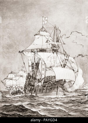 John Hawkins a bordo della carrozza del XVI secolo, Gesù di Lübeck, entrando insieme a diverse altre navi inglesi, San Juan de Ulúa (oggi vera Cruz, Messico) nel settembre 1568, dove incontrarono una flotta spagnola, nella battaglia che ne derivò Gesù di Lübeck fu catturato dalle forze spagnole. Dal Libro delle navi, pubblicato c.1920. Foto Stock