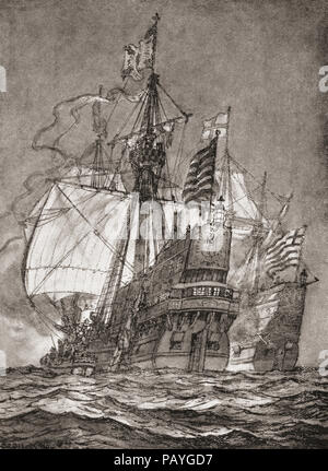 Il galeone spagnolo Nuestra Señora de la Concepción aka Cacafuego, catturato da Sir Francis Drake a bordo della Golden Hind,1579. Dal libro di navi, pubblicato c.1920. Foto Stock