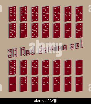 Domino realistico set completo 28 3D piatta dei pezzi per il gioco . Raccolta di rosso. Concetto astratto elemento grafico, effetto domino gioco set di icone. Illustrazione Vettoriale