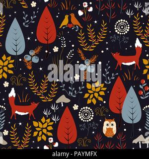Vettore di carino seamless pattern con piante di foresta, uccelli e volpi. Sfondo di autunno Illustrazione Vettoriale