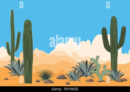 Paesaggio del deserto arido. Paesaggio con cactus Saguaro e blu agavi. Vista delle montagne, cielo blu chiaro in background. Illustrazione Vettoriale Illustrazione Vettoriale