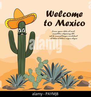 Cactus Saguaro in sombrero. Benvenuti alla scheda del Messico. Cactus, Opuntia, Agave e nel deserto. Illustrazione Vettoriale. Sullo sfondo delle montagne Illustrazione Vettoriale