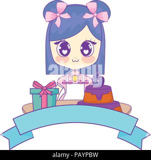 Emblema con kawaii ragazza con compleanno icone correlate su sfondo bianco, illustrazione vettoriale Illustrazione Vettoriale