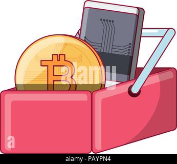 Cestello con bitcoin moneta e lo smartphone su sfondo bianco, illustrazione vettoriale Illustrazione Vettoriale