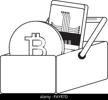 Cestello con bitcoin moneta e lo smartphone su sfondo bianco, illustrazione vettoriale Illustrazione Vettoriale