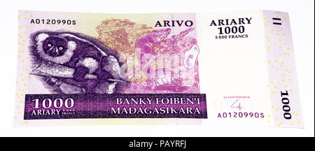 1000' ariary malgascio nota banca del Madagascar. Ariary malgascio è la valuta nazionale del Madagascar Foto Stock