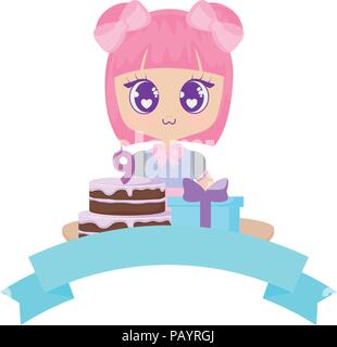 Emblema con kawaii ragazza con compleanno icone correlate su sfondo bianco, illustrazione vettoriale Illustrazione Vettoriale